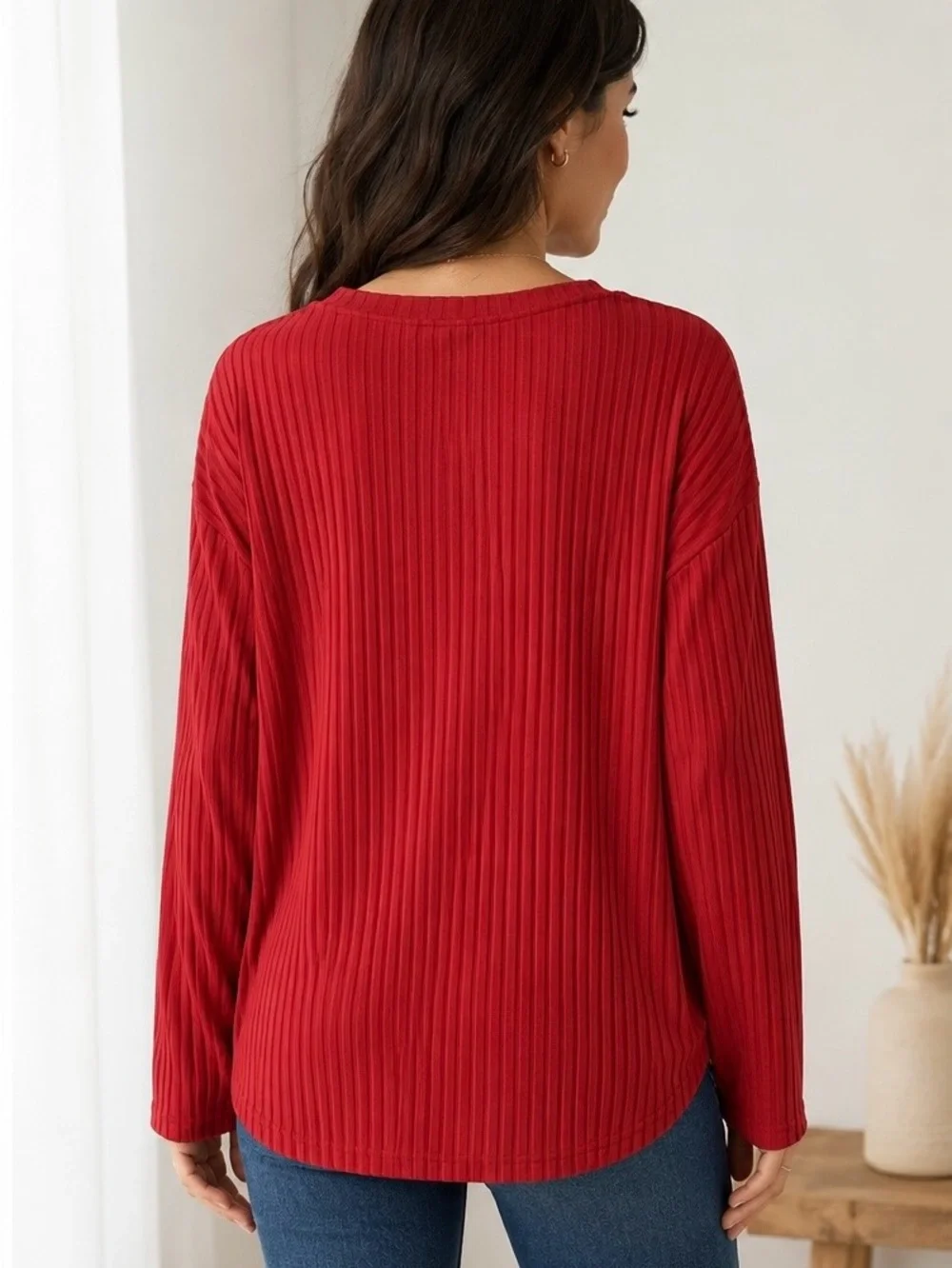 Sky & Wehyd XL Burnt Red Ribbed Long Sleeve Stretch Top